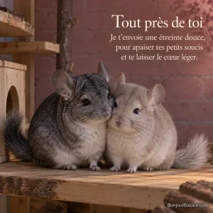 Un chinchilla gris et un chinchilla beige se blottissent l’un contre l’autre sur une plateforme en bois, avec le texte « Tout près de toi Je t’envoie une étreinte douce, pour apaiser tes petits soucis et te laisser le cœur léger. ».