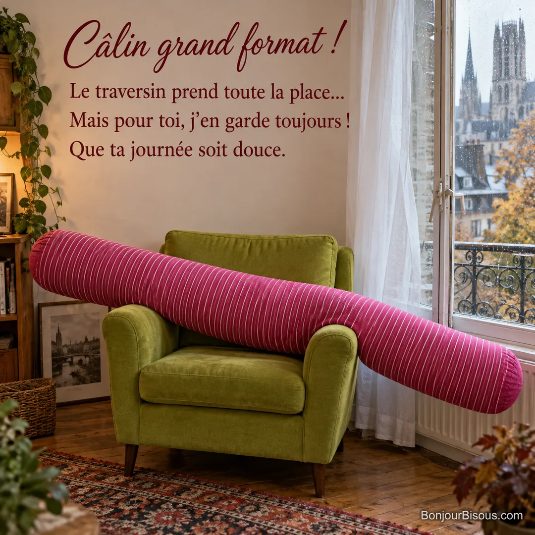 Un immense traversin rose déborde des deux côtés d’un petit fauteuil vert dans un salon rouennais, avec le texte « Câlin grand format ! Le traversin prend toute la place… Mais pour toi, j’en garde toujours ! Que ta journée soit douce. ».