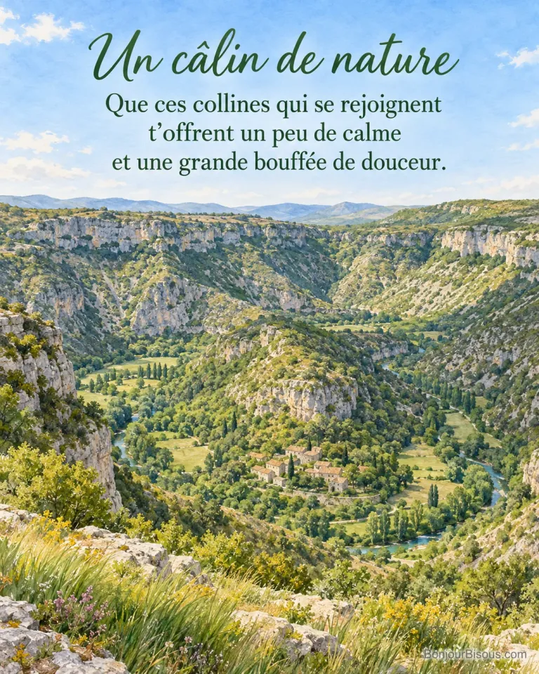 Les versants verdoyants du cirque de Navacelles entourent un petit hameau de pierre au matin, avec le texte « Un câlin de nature Que ces collines qui se rejoignent t’offrent un peu de calme et une grande bouffée de douceur. ».