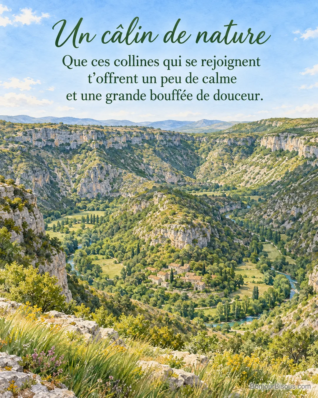 Les versants verdoyants du cirque de Navacelles entourent un petit hameau de pierre au matin, avec le texte « Un câlin de nature Que ces collines qui se rejoignent t’offrent un peu de calme et une grande bouffée de douceur. ».