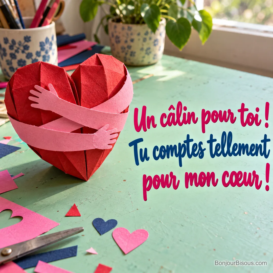 Un cœur de papier rouge s’entoure de deux bras roses dans un atelier lumineux, avec le texte « Un câlin pour toi ! Tu comptes tellement pour mon cœur ! ».