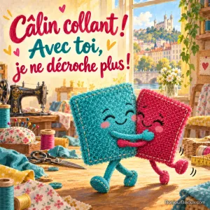 Deux petits personnages en tissu autoagrippant restent collés dans une étreinte joyeuse, avec le texte « Câlin collant ! Avec toi, je ne décroche plus ! ».
