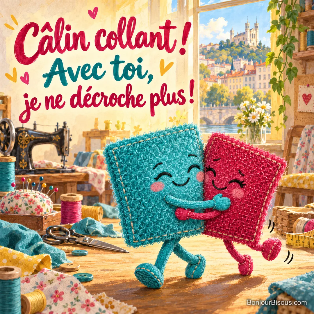 Deux petits personnages en tissu autoagrippant restent collés dans une étreinte joyeuse, avec le texte « Câlin collant ! Avec toi, je ne décroche plus ! ».