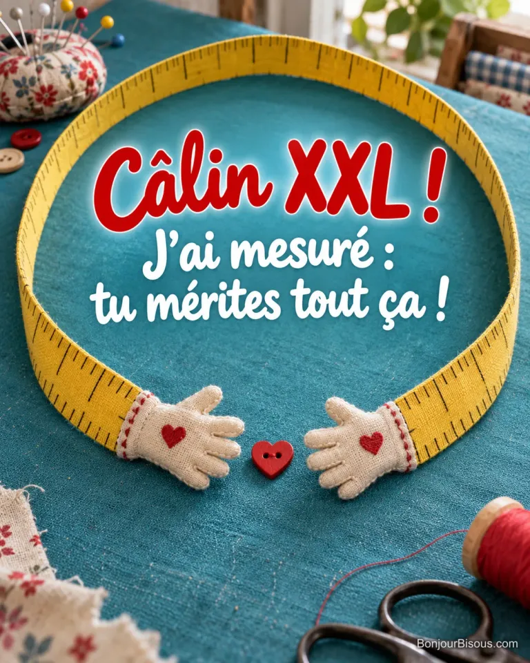 Un mètre de couture forme une immense étreinte autour d’un minuscule bouton cœur, avec le texte « Câlin XXL ! J’ai mesuré : tu mérites tout ça ! ».