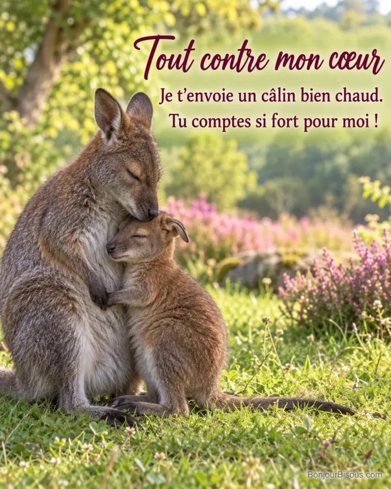 Une mère wallaby serre son jeune contre son ventre et pose son museau sur sa petite tête, avec le message « Tout contre mon cœur Je t’envoie un câlin bien chaud. Tu comptes si fort pour moi ! ».