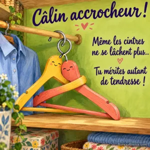 Deux cintres de bois jaune et corail aux petits sourires s’étreignent près d’une chemise bleue portée par un troisième cintre, avec le message « Câlin accrocheur ! Même les cintres ne se lâchent plus… Tu mérites autant de tendresse ! ».