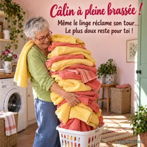 Une femme rit en serrant une énorme brassée de serviettes qui déborde de son petit panier à linge, avec le message « Câlin à pleine brassée ! Même le linge réclame son tour… Le plus doux reste pour toi ! ».