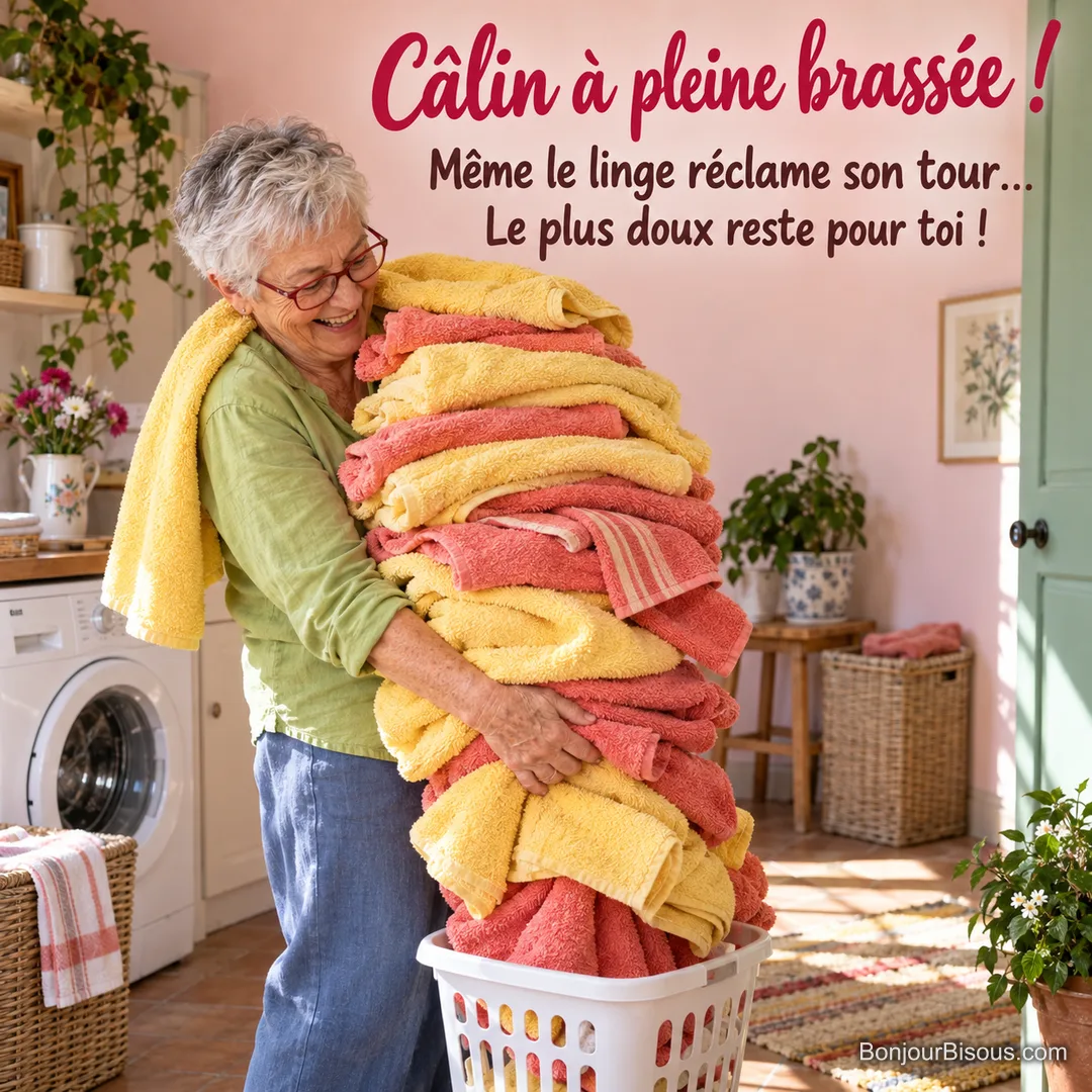 Une femme rit en serrant une énorme brassée de serviettes qui déborde de son petit panier à linge, avec le message « Câlin à pleine brassée ! Même le linge réclame son tour… Le plus doux reste pour toi ! ».