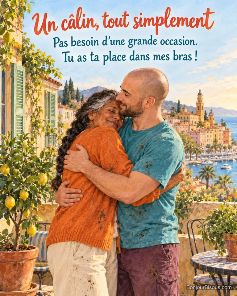 Une mère et son fils adulte s’étreignent tendrement après avoir rempoté un petit citronnier sur une terrasse, avec le message « Un câlin, tout simplement Pas besoin d’une grande occasion. Tu as ta place dans mes bras ! ».
