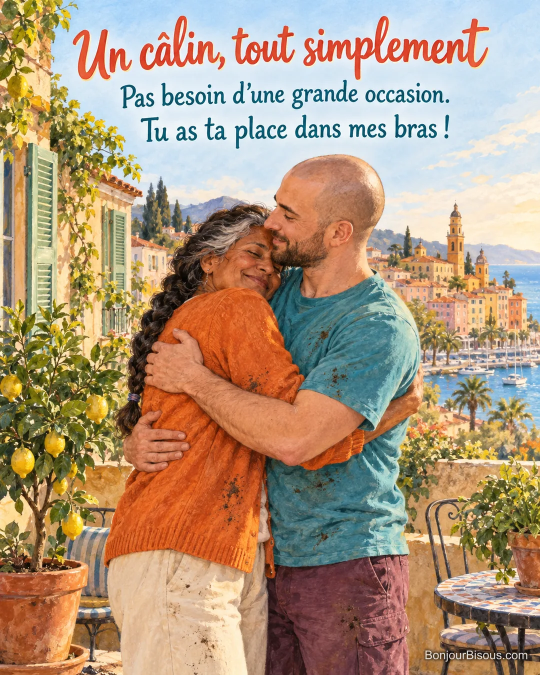 Une mère et son fils adulte s’étreignent tendrement après avoir rempoté un petit citronnier sur une terrasse, avec le message « Un câlin, tout simplement Pas besoin d’une grande occasion. Tu as ta place dans mes bras ! ».
