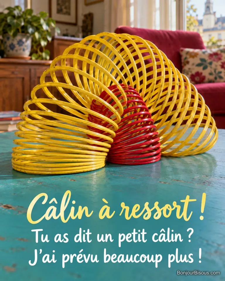 Un grand ressort jaune entoure un petit ressort rouge dans une étreinte démesurée, avec le texte « Câlin à ressort ! Tu as dit un petit câlin ? J’ai prévu beaucoup plus ! ».