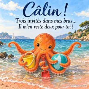 Une pieuvre orange serre un seau, une pelle et un ballon de plage tout en ouvrant ses deux derniers bras pour un câlin. Le message est : « Câlin ! Trois invités dans mes bras… Il m’en reste deux pour toi ! ».