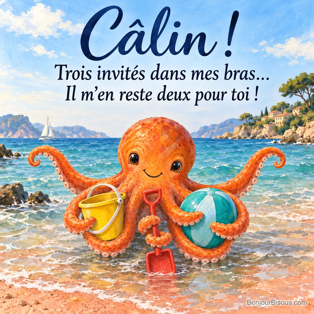 Une pieuvre orange serre un seau, une pelle et un ballon de plage tout en ouvrant ses deux derniers bras pour un câlin. Le message est : « Câlin ! Trois invités dans mes bras… Il m’en reste deux pour toi ! ».