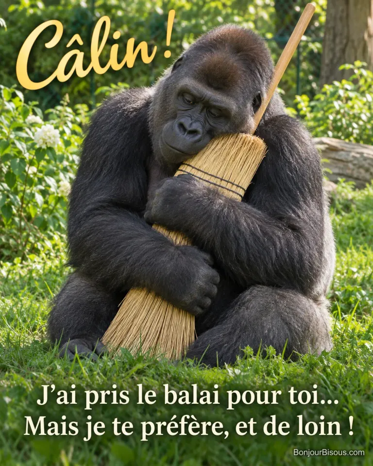Un gorille assis dans l’herbe serre tendrement un balai de paille contre lui comme un partenaire de câlin. Le message est : « Câlin ! J’ai pris le balai pour toi… Mais je te préfère, et de loin ! ».