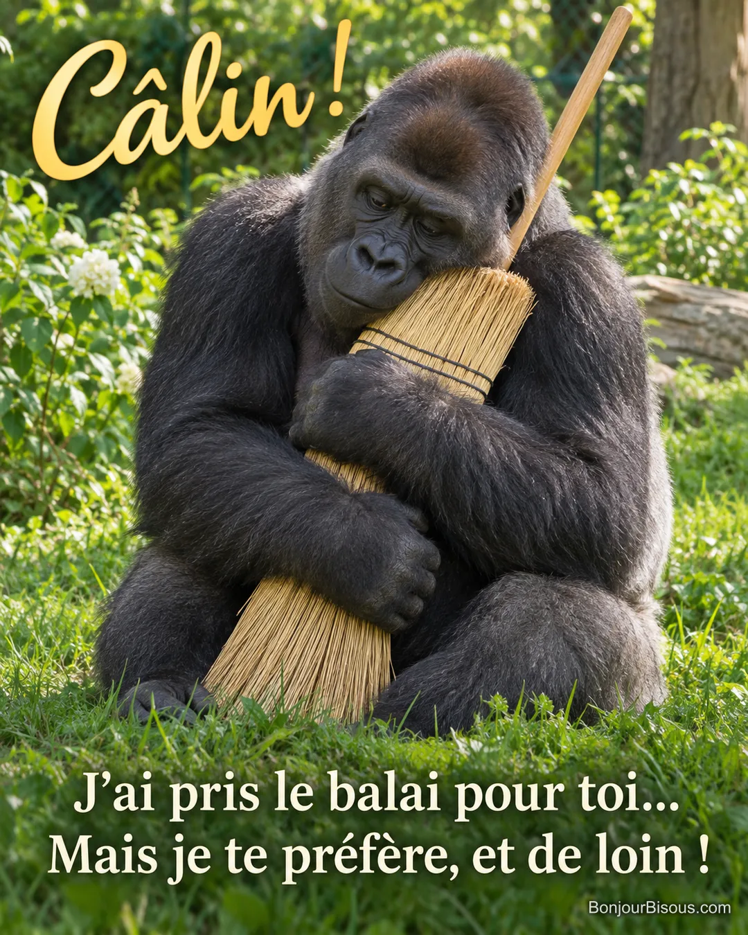 Un gorille assis dans l’herbe serre tendrement un balai de paille contre lui comme un partenaire de câlin. Le message est : « Câlin ! J’ai pris le balai pour toi… Mais je te préfère, et de loin ! ».