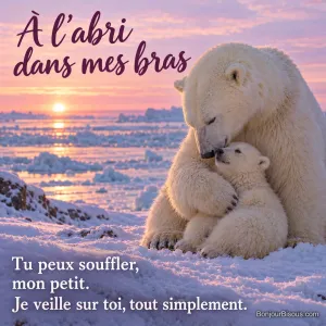 Une mère ours polaire entoure son petit d’une patte protectrice sur une rive enneigée aux reflets roses. Le message est : « À l’abri dans mes bras Tu peux souffler, mon petit. Je veille sur toi, tout simplement. ».