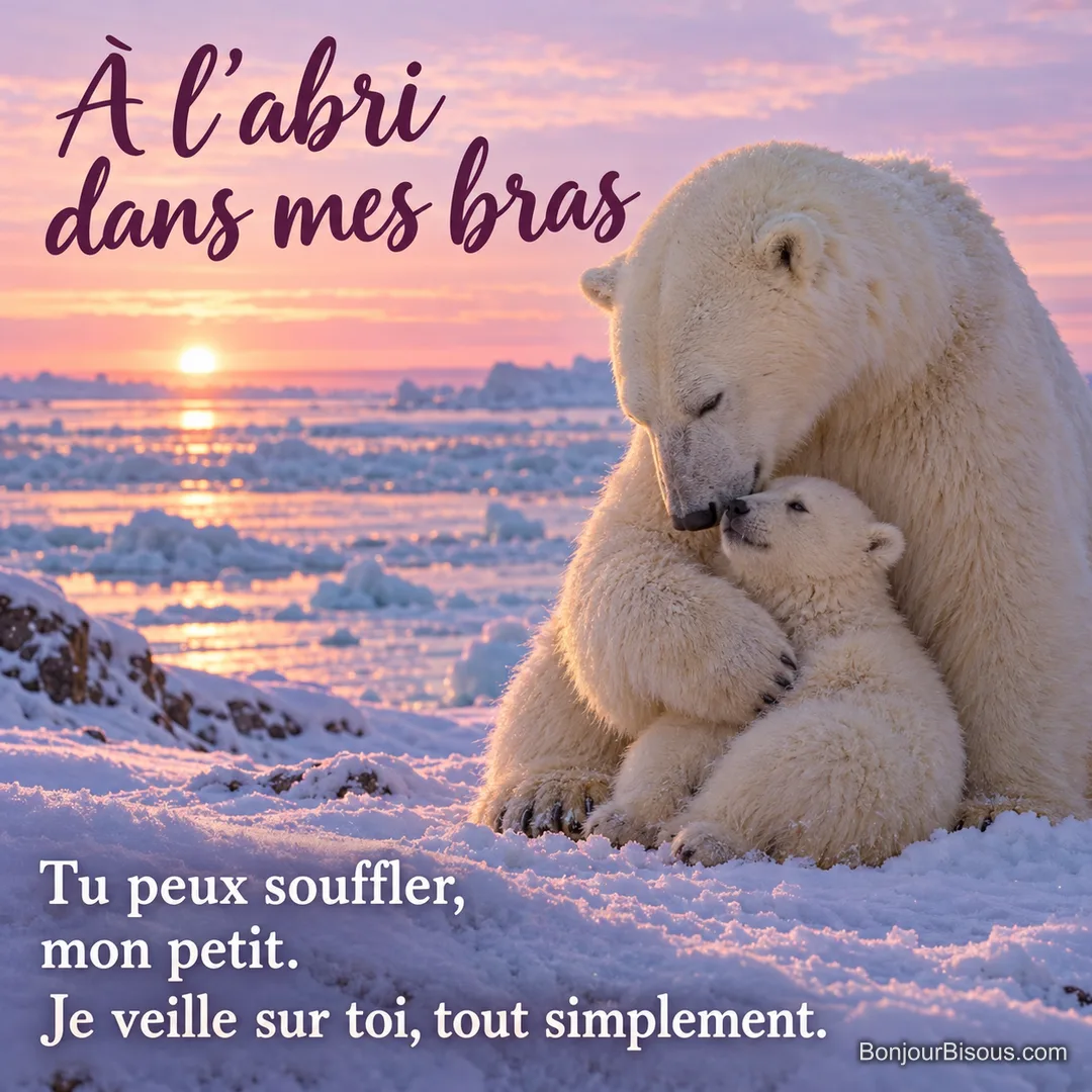 Une mère ours polaire entoure son petit d’une patte protectrice sur une rive enneigée aux reflets roses. Le message est : « À l’abri dans mes bras Tu peux souffler, mon petit. Je veille sur toi, tout simplement. ».