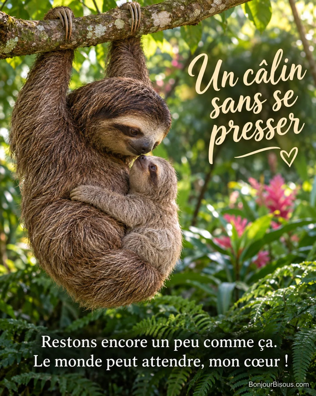 Une mère paresseux garde son bébé contre son ventre, suspendue à une branche dans un écrin de feuillage. Le message est : « Un câlin sans se presser Restons encore un peu comme ça. Le monde peut attendre, mon cœur ! ».
