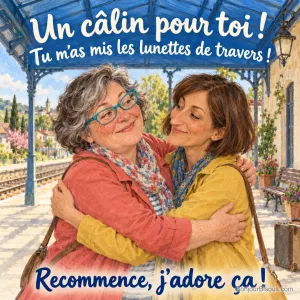 Deux amies se retrouvent dans une gare et rient des lunettes de travers après leur étreinte. Le message est : « Un câlin pour toi ! Tu m’as mis les lunettes de travers ! Recommence, j’adore ça ! ».