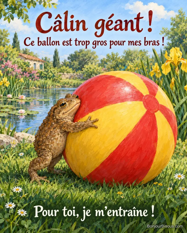 Un crapaud tente d’entourer de ses petites pattes un ballon de plage beaucoup trop gros. Le message est : « Câlin géant ! Ce ballon est trop gros pour mes bras ! Pour toi, je m’entraîne ! ».