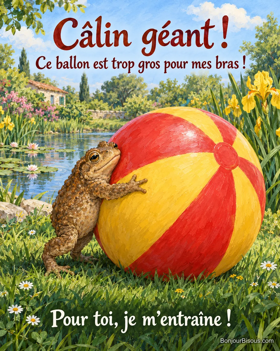 Un crapaud tente d’entourer de ses petites pattes un ballon de plage beaucoup trop gros. Le message est : « Câlin géant ! Ce ballon est trop gros pour mes bras ! Pour toi, je m’entraîne ! ».