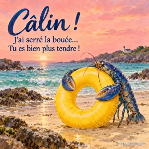 Un homard bleu serre maladroitement une grande bouée jaune sur une petite plage. Le message est : « Câlin ! J’ai serré la bouée… Tu es bien plus tendre ! ».