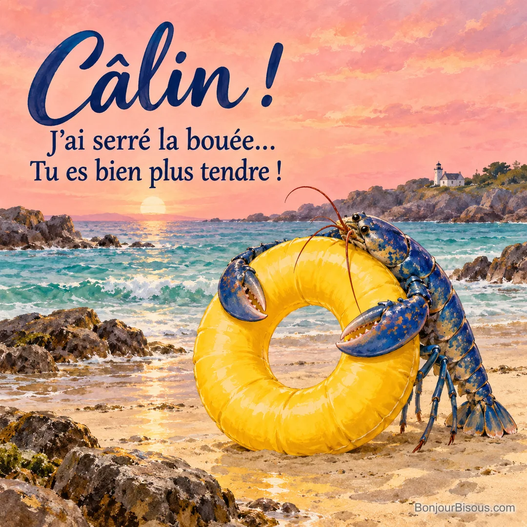 Un homard bleu serre maladroitement une grande bouée jaune sur une petite plage. Le message est : « Câlin ! J’ai serré la bouée… Tu es bien plus tendre ! ».