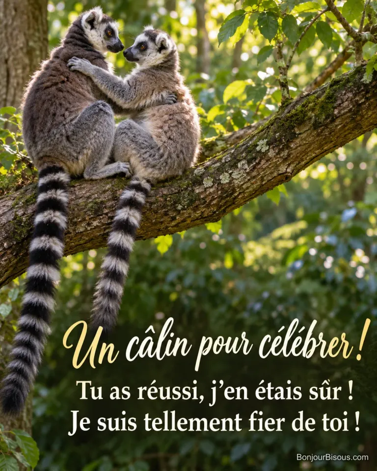 Deux lémurs cattas aux pelages distincts se serrent dans les bras sur une branche au soleil. Le message est : « Un câlin pour célébrer ! Tu as réussi, j’en étais sûr ! Je suis tellement fier de toi ! ».