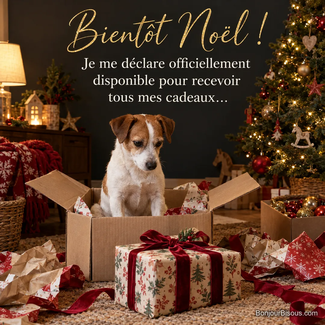 Photo d’un jack russell assis dans un carton ouvert entouré de papier cadeau et de rubans rouges, sapin illuminé derrière, avec le texte « Bientôt Noël ! Je me déclare officiellement disponible pour recevoir tous mes cadeaux… » Photo d’un jack russell assis dans un carton ouvert entouré de papier cadeau et de rubans rouges, sapin illuminé derrière, avec le texte « Bientôt Noël ! Je me déclare officiellement disponible pour recevoir tous mes cadeaux… »