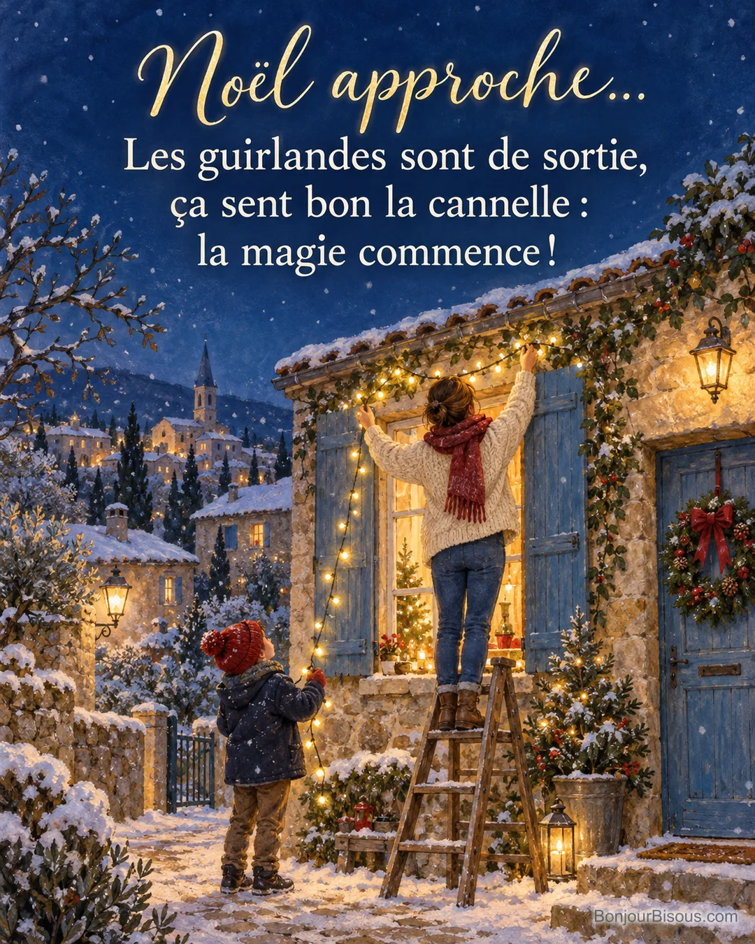Peinture d’une femme vue de dos sur un escabeau qui accroche une guirlande lumineuse autour d’une fenêtre aux volets bleus, un garçon en bonnet rouge l’aide, sous la neige, avec le texte « Noël approche… Les guirlandes sont de sortie, ça sent bon la cannelle : la magie commence ! » Peinture d’une femme vue de dos sur un escabeau qui accroche une guirlande lumineuse autour d’une fenêtre aux volets bleus, un garçon en bonnet rouge l’aide, sous la neige, avec le texte « Noël approche… Les guirlandes sont de sortie, ça sent bon la cannelle : la magie commence ! »