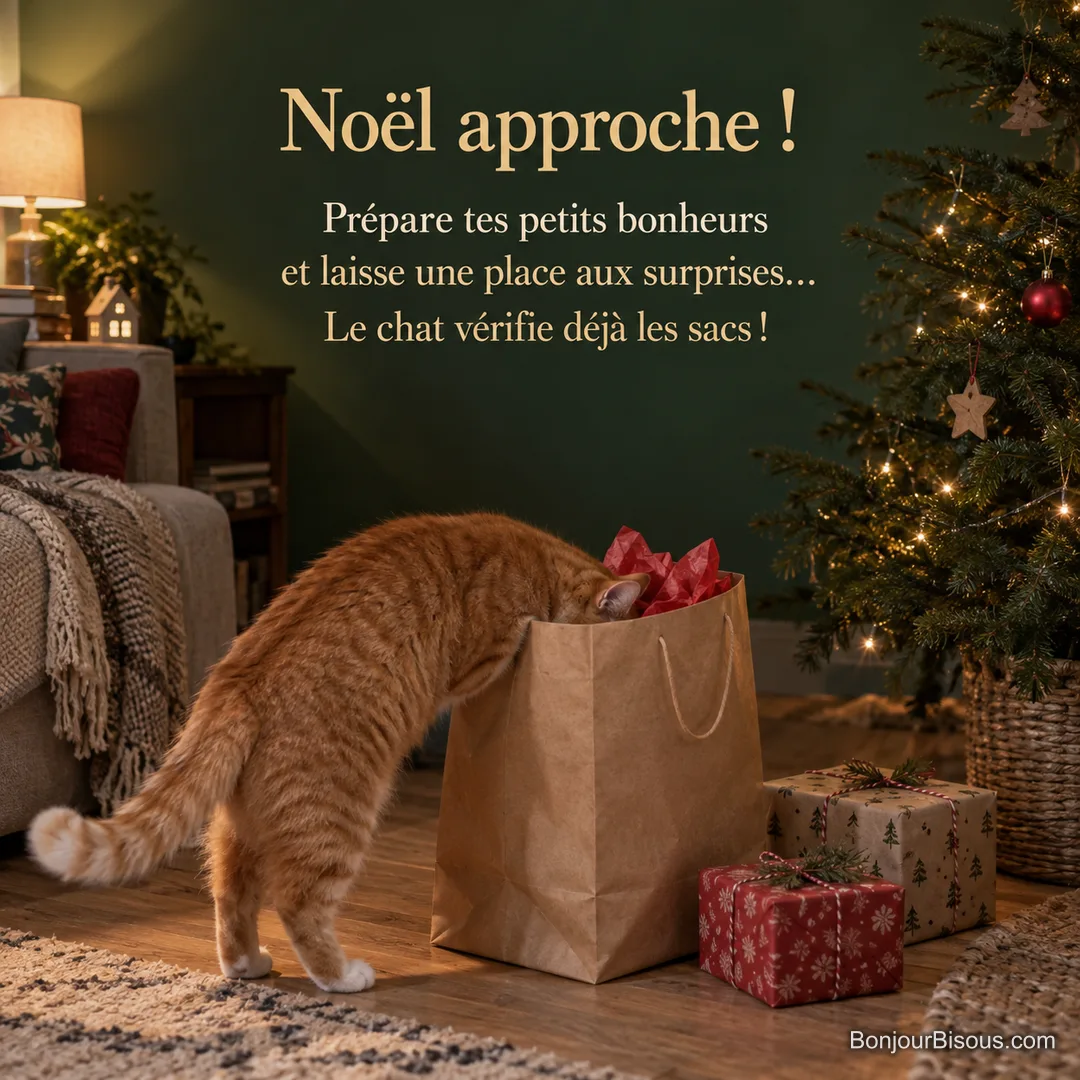 Un chat roux plonge le museau dans un sac kraft près de deux cadeaux et d’un sapin, avec le texte « Noël approche ! Prépare tes petits bonheurs et laisse une place aux surprises… Le chat vérifie déjà les sacs ! ». Un chat roux plonge le museau dans un sac kraft près de deux cadeaux et d’un sapin, avec le texte « Noël approche ! Prépare tes petits bonheurs et laisse une place aux surprises… Le chat vérifie déjà les sacs ! ».