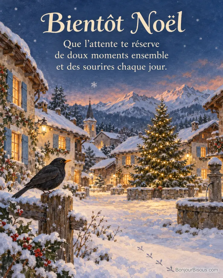 Un merle se pose devant le sapin illuminé d’une place savoyarde enneigée, avec le texte « Bientôt Noël Que l’attente te réserve de doux moments ensemble et des sourires chaque jour. ».