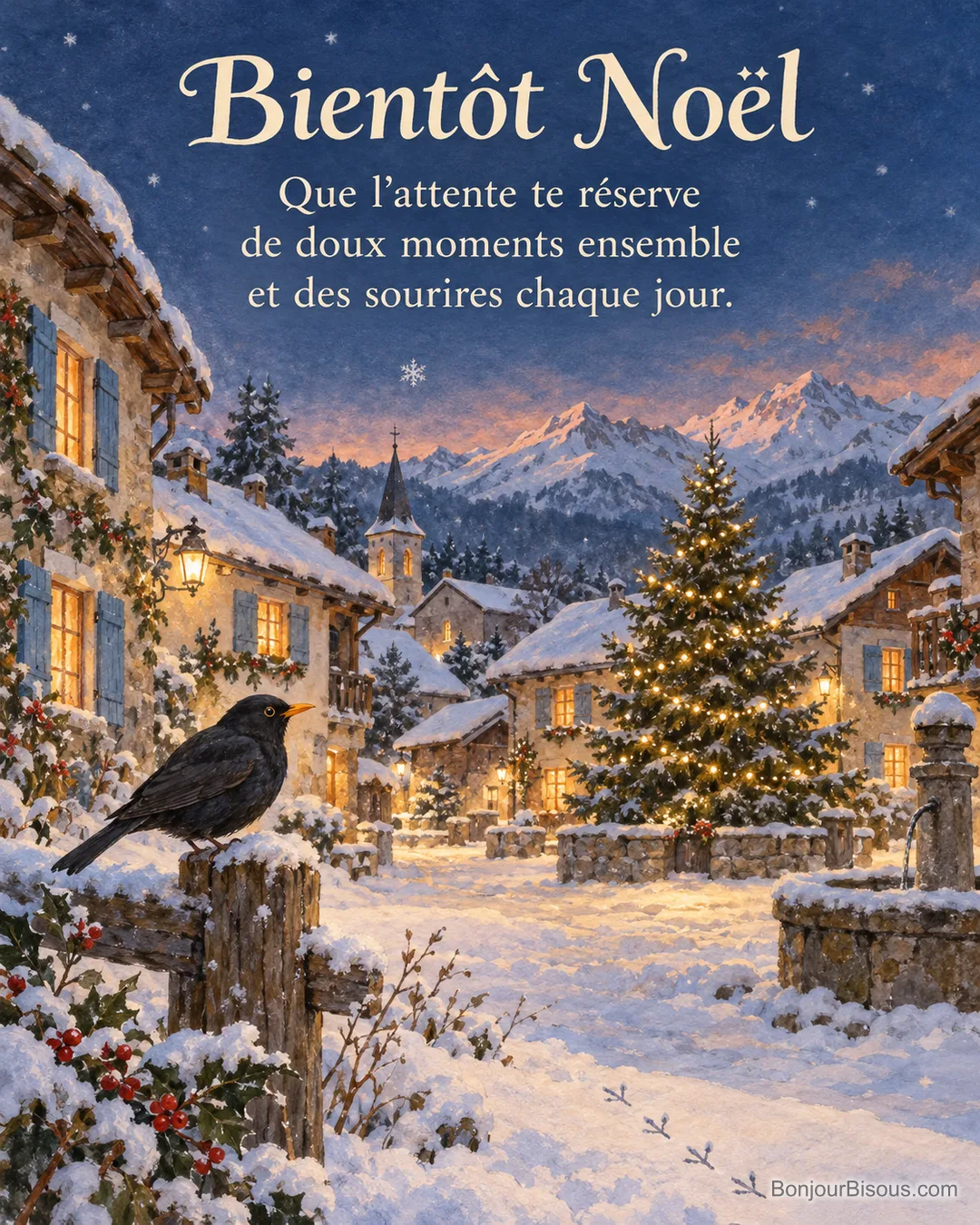 Un merle se pose devant le sapin illuminé d’une place savoyarde enneigée, avec le texte « Bientôt Noël Que l’attente te réserve de doux moments ensemble et des sourires chaque jour. ». Un merle se pose devant le sapin illuminé d’une place savoyarde enneigée, avec le texte « Bientôt Noël Que l’attente te réserve de doux moments ensemble et des sourires chaque jour. ».