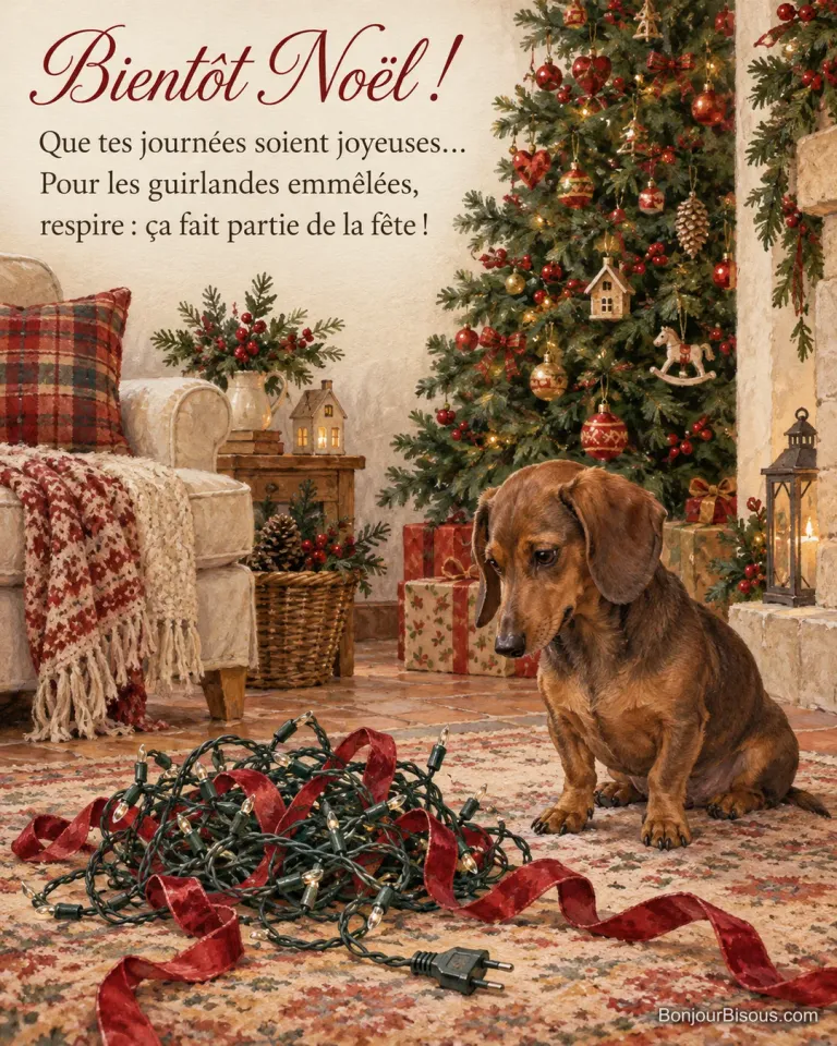 Un teckel regarde une guirlande débranchée et emmêlée avec un ruban rouge sur un tapis de Noël, avec le texte « Bientôt Noël ! Que tes journées soient joyeuses… Pour les guirlandes emmêlées, respire : ça fait partie de la fête ! ».