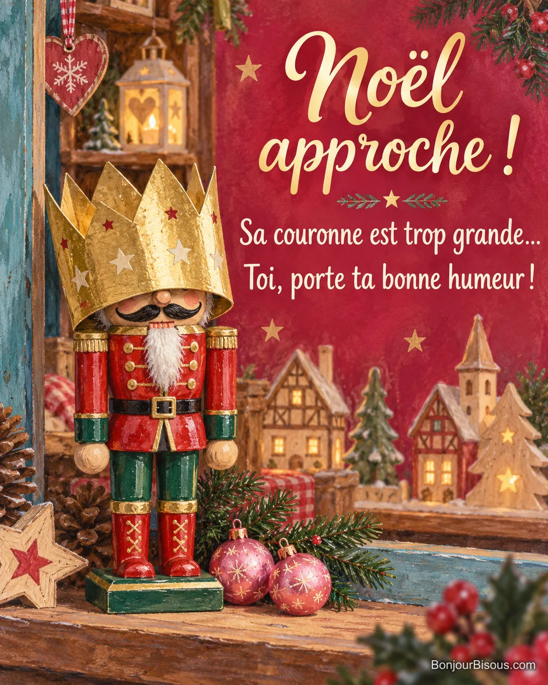 Un casse-noisette de bois disparaît jusqu’à la moustache sous une couronne de Noël beaucoup trop grande. Le message est : « Noël approche ! Sa couronne est trop grande… Toi, porte ta bonne humeur ! ».