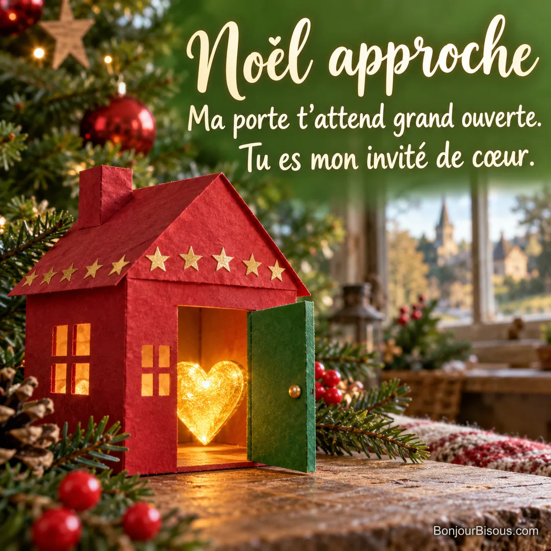 Une maison de papier rouge ouvre sa porte verte sur un cœur lumineux, comme une invitation personnelle pour Noël. Le message est : « Noël approche Ma porte t’attend grand ouverte. Tu es mon invité de cœur. ».