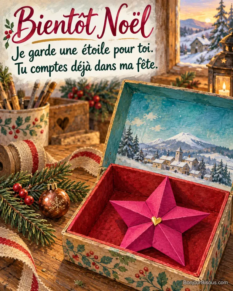 Une étoile magenta pliée à la main attend dans un écrin rouge, précieuse attention réservée à un proche pour Noël. Le message est : « Bientôt Noël Je garde une étoile pour toi. Tu comptes déjà dans ma fête. ».