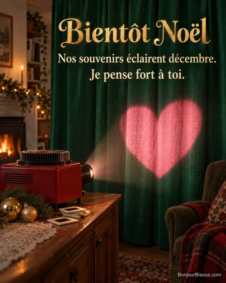 Un projecteur de diapositives rouge projette un cœur lumineux sur un rideau vert, près de souvenirs de Noël. Le message est : « Bientôt Noël Nos souvenirs éclairent décembre. Je pense fort à toi. ».