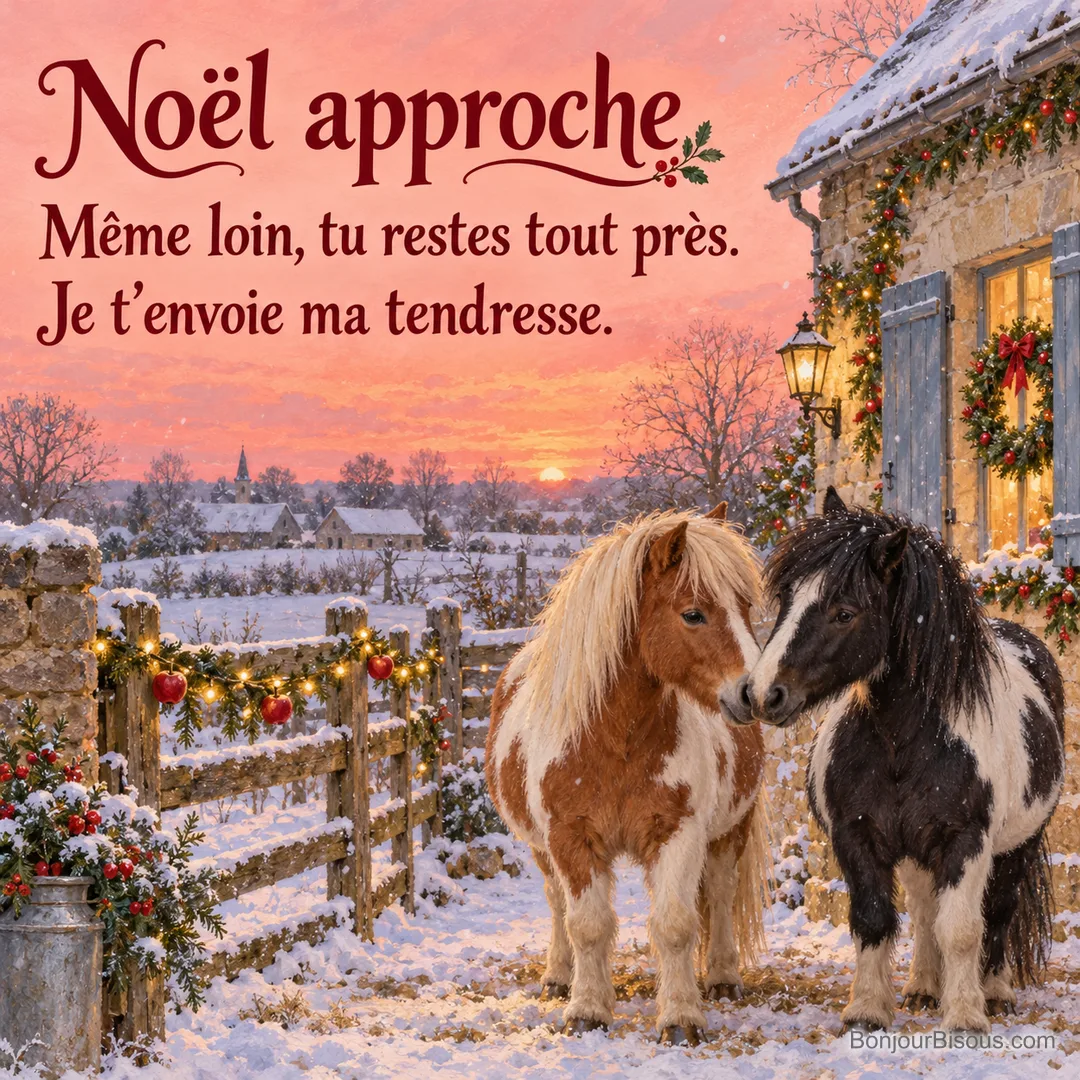 Deux poneys pie se touchent doucement les naseaux sous des décorations de Noël dans une cour de ferme. Le message est : « Noël approche Même loin, tu restes tout près. Je t’envoie ma tendresse. ».
