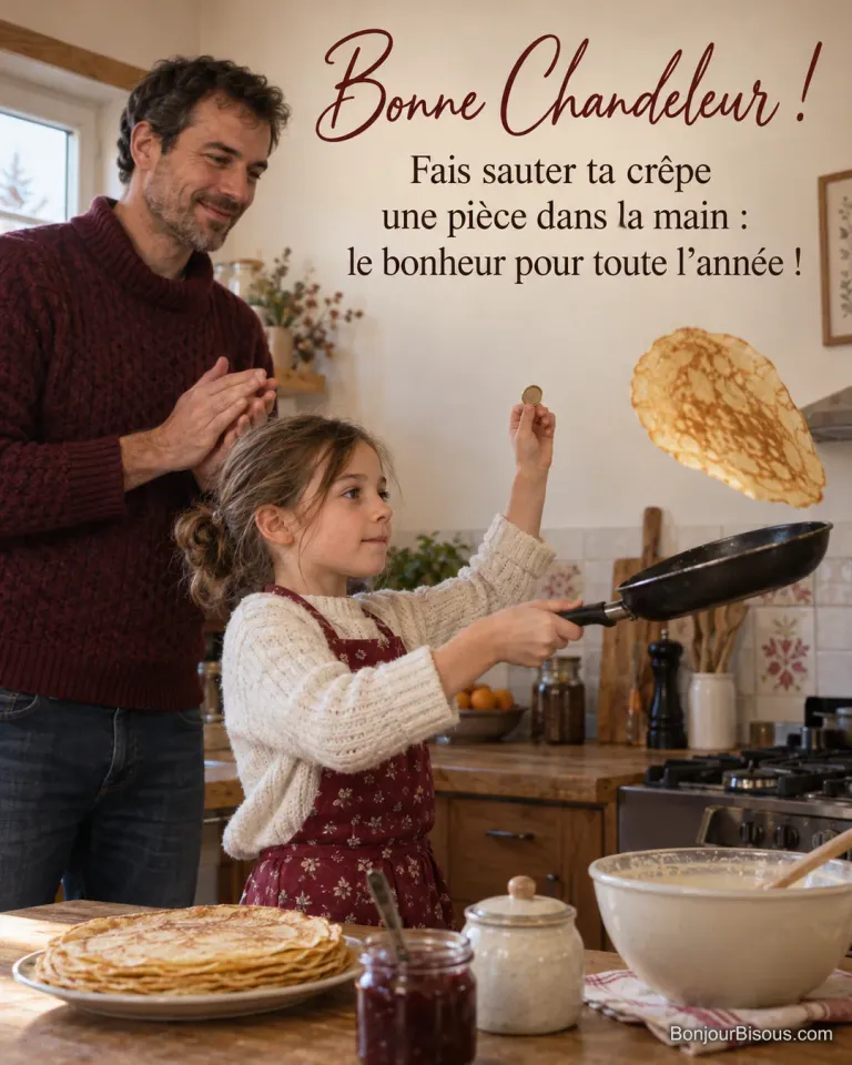 Photo d’une fillette qui fait sauter une crêpe avec une poêle en levant une pièce de monnaie, son père derrière elle prêt à applaudir, pile de crêpes et confiture, avec le texte « Bonne Chandeleur ! Fais sauter ta crêpe une pièce dans la main : le bonheur pour toute l’année ! »