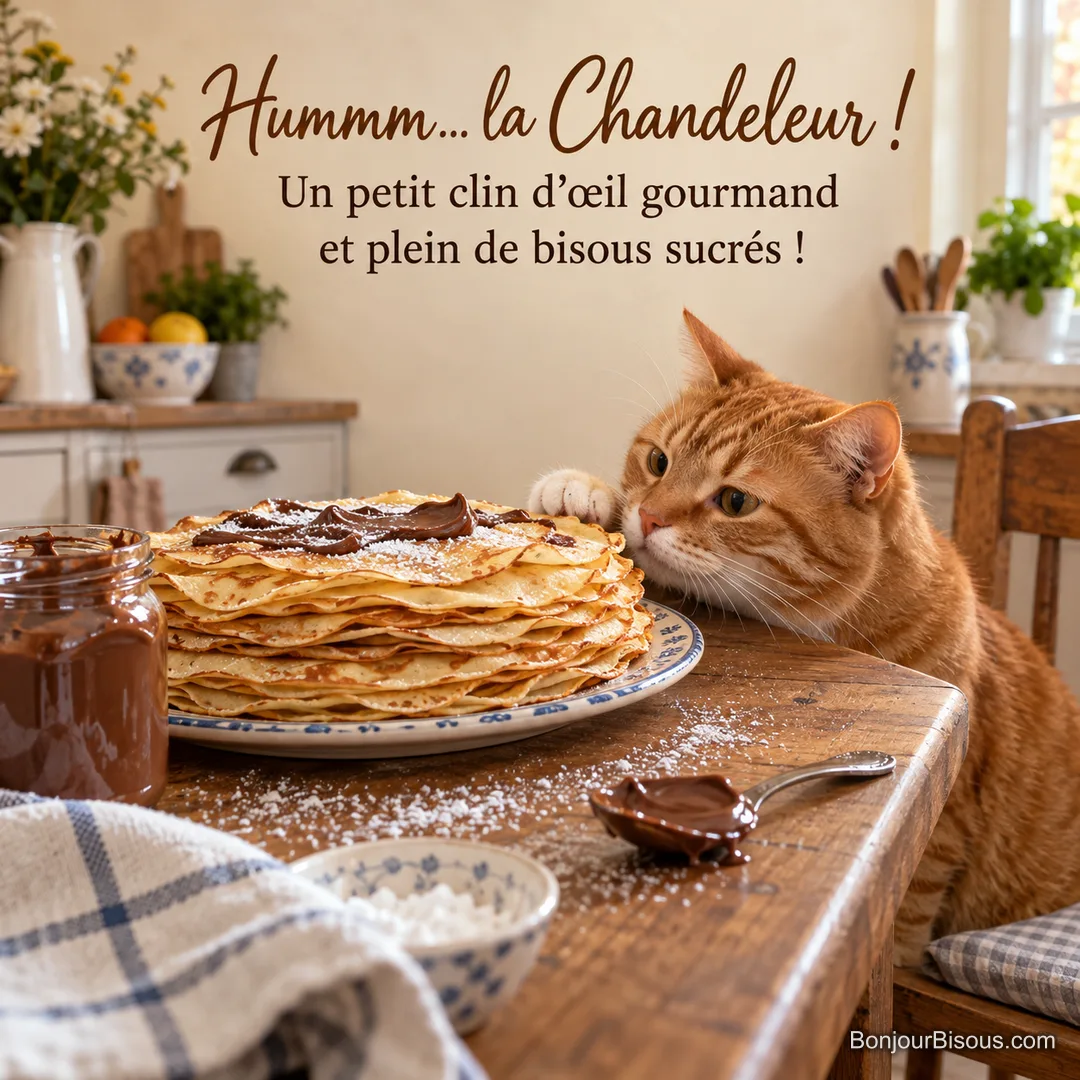 Photo d’un chat roux qui pose le menton sur une table en bois à côté d’une pile de crêpes au chocolat et sucre glace, une cuillère de pâte à tartiner devant lui, avec le texte « Hummm… la Chandeleur ! Un petit clin d’œil gourmand et plein de bisous sucrés ! » Photo d’un chat roux qui pose le menton sur une table en bois à côté d’une pile de crêpes au chocolat et sucre glace, une cuillère de pâte à tartiner devant lui, avec le texte « Hummm… la Chandeleur ! Un petit clin d’œil gourmand et plein de bisous sucrés ! »