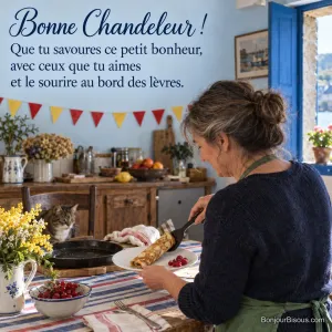 Une femme sert une crêpe roulée aux fruits rouges dans une cuisine bretonne décorée, sous le regard d’un chat, avec le texte « Bonne Chandeleur ! Que tu savoures ce petit bonheur, avec ceux que tu aimes et le sourire au bord des lèvres. ».
