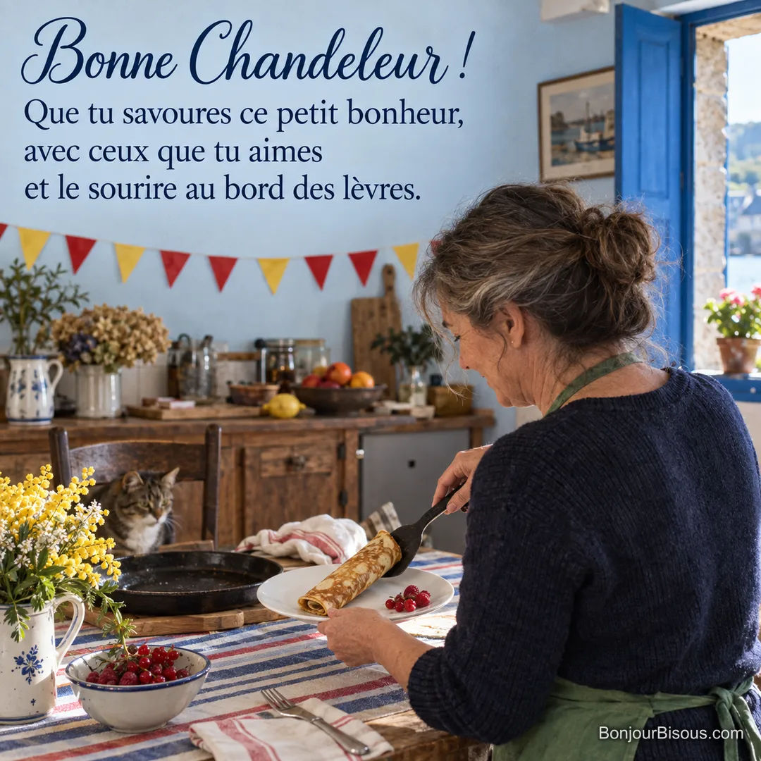 Une femme sert une crêpe roulée aux fruits rouges dans une cuisine bretonne décorée, sous le regard d’un chat, avec le texte « Bonne Chandeleur ! Que tu savoures ce petit bonheur, avec ceux que tu aimes et le sourire au bord des lèvres. ». Une femme sert une crêpe roulée aux fruits rouges dans une cuisine bretonne décorée, sous le regard d’un chat, avec le texte « Bonne Chandeleur ! Que tu savoures ce petit bonheur, avec ceux que tu aimes et le sourire au bord des lèvres. ».
