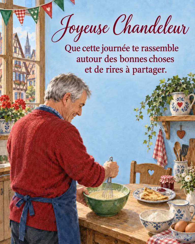 Un homme mélange la pâte au fouet dans une cuisine alsacienne décorée de fanions rouges et verts, avec le texte « Joyeuse Chandeleur Que cette journée te rassemble autour des bonnes choses et de rires à partager. ».