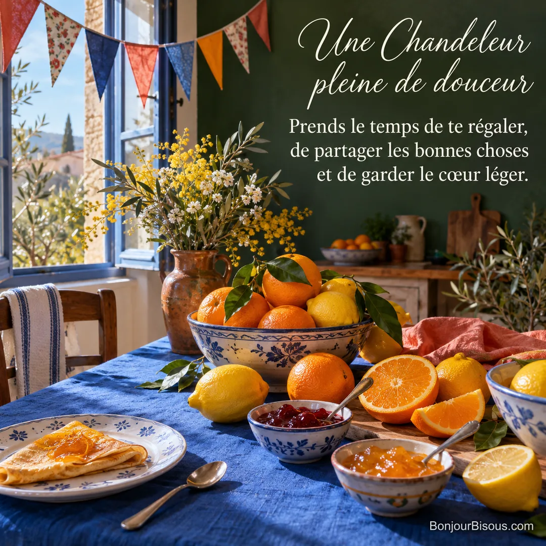 Un buffet d’agrumes et de confitures colorées accompagne une crêpe pliée dans une cuisine provençale festive, avec le texte « Une Chandeleur pleine de douceur Prends le temps de te régaler, de partager les bonnes choses et de garder le cœur léger. ». Un buffet d’agrumes et de confitures colorées accompagne une crêpe pliée dans une cuisine provençale festive, avec le texte « Une Chandeleur pleine de douceur Prends le temps de te régaler, de partager les bonnes choses et de garder le cœur léger. ».