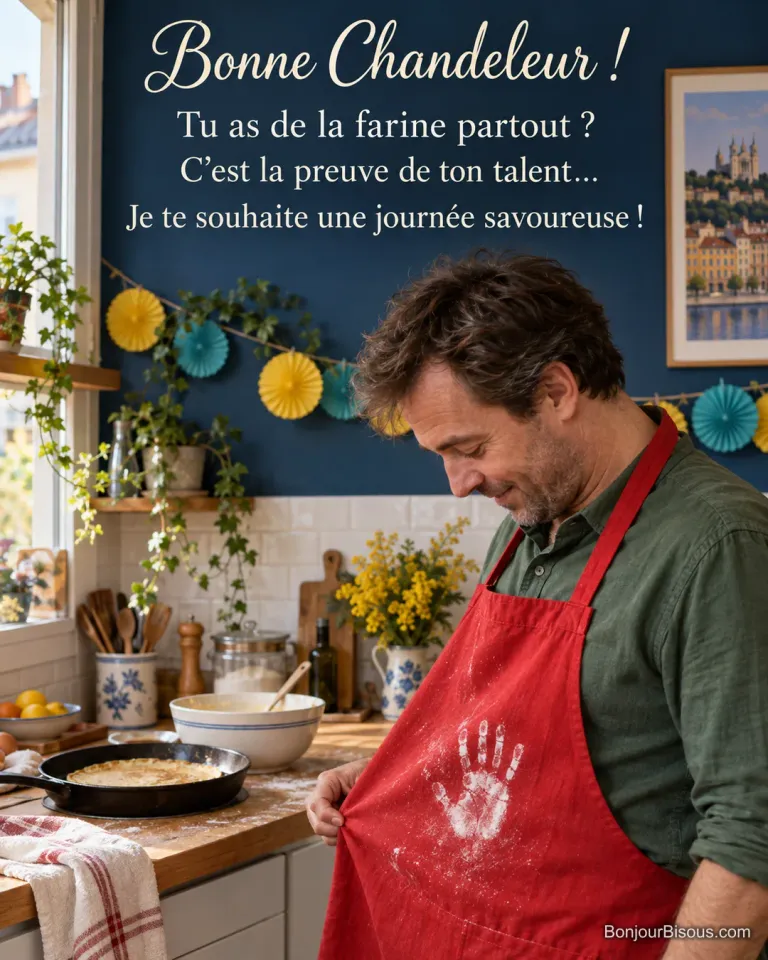 Un cuisinier regarde une empreinte de farine sur son tablier rouge dans une cuisine décorée pour la Chandeleur, avec le texte « Bonne Chandeleur ! Tu as de la farine partout ? C’est la preuve de ton talent… Je te souhaite une journée savoureuse ! ».