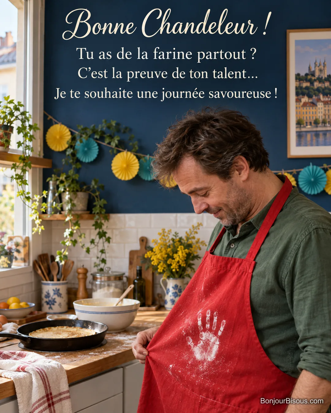Un cuisinier regarde une empreinte de farine sur son tablier rouge dans une cuisine décorée pour la Chandeleur, avec le texte « Bonne Chandeleur ! Tu as de la farine partout ? C’est la preuve de ton talent… Je te souhaite une journée savoureuse ! ». Un cuisinier regarde une empreinte de farine sur son tablier rouge dans une cuisine décorée pour la Chandeleur, avec le texte « Bonne Chandeleur ! Tu as de la farine partout ? C’est la preuve de ton talent… Je te souhaite une journée savoureuse ! ».