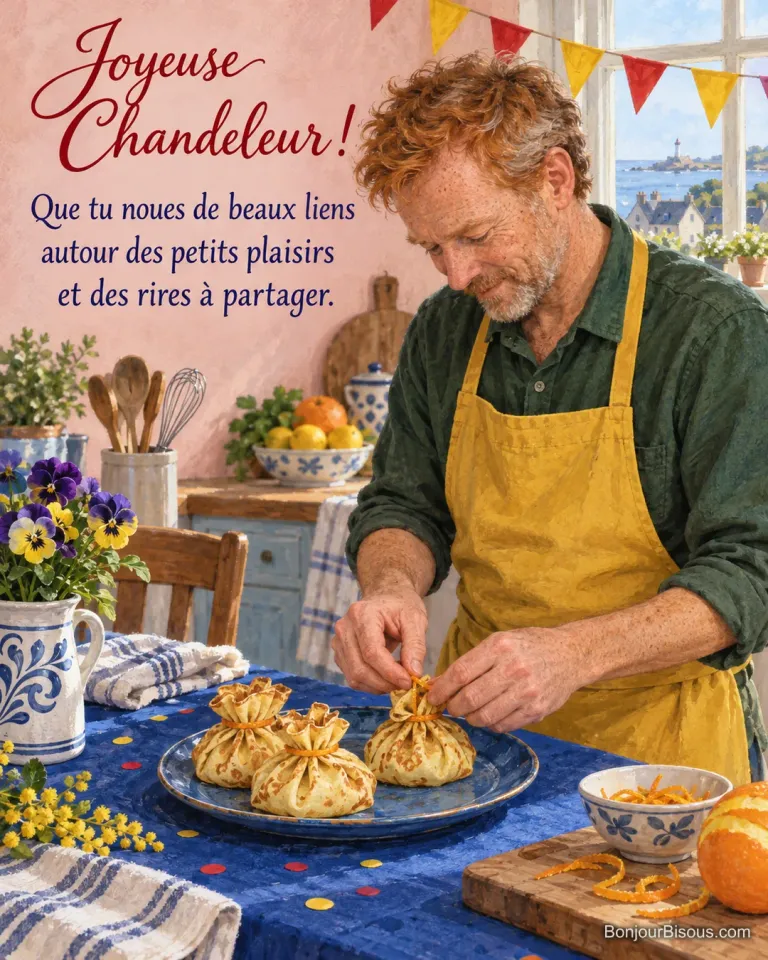 Un homme noue une aumônière de crêpe sur une table festive dans une cuisine bretonne, avec le texte « Joyeuse Chandeleur ! Que tu noues de beaux liens autour des petits plaisirs et des rires à partager. ».
