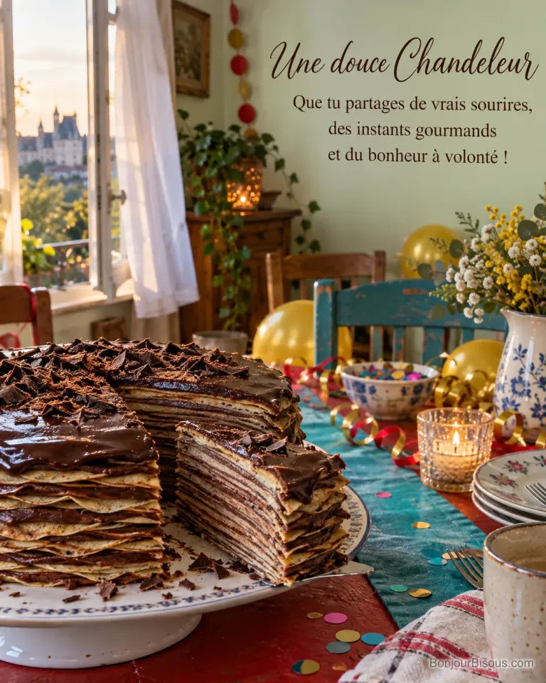 Un gâteau de crêpes garni de chocolat décore une table de Chandeleur aux couleurs vives, avec le texte « Une douce Chandeleur Que tu partages de vrais sourires, des instants gourmands et du bonheur à volonté ! ».
