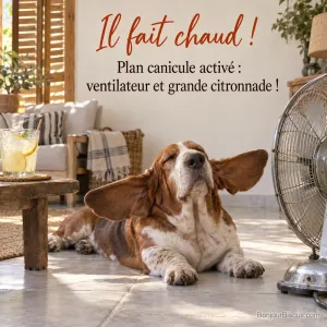 Photo d’un basset hound allongé sur le carrelage devant un ventilateur, ses longues oreilles qui volent, une citronnade sur la table basse, avec le texte « Il fait chaud ! Plan canicule activé : ventilateur et grande citronnade ! »